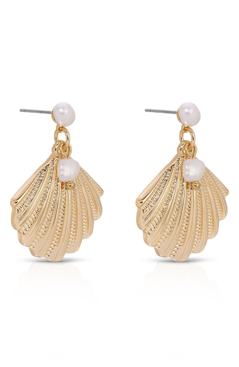 Ettika Scallop Shell & Freshwater Pearl Drop Earrings, Alternate, color, Gold
