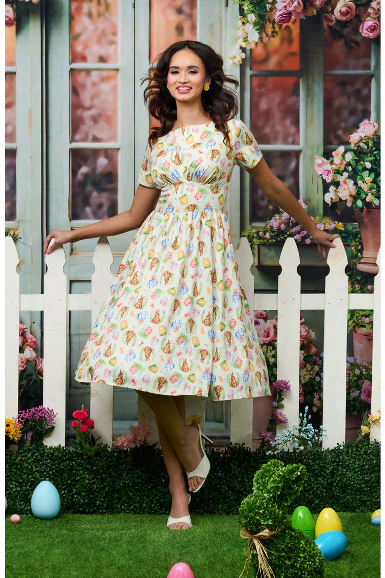 Smocked Back Swing Dress, Alternate, color, Green W/Bunny Print