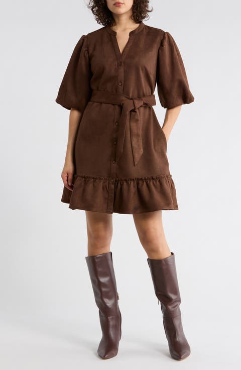 Faux Suede Puff Sleeve Shirtdress
