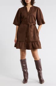 SANDRA DARREN Faux Suede Puff Sleeve Shirtdress