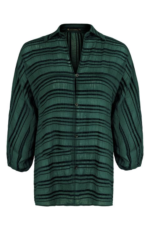 Jenna Stripe Puff Sleeve Cotton Cover-Up Tunic