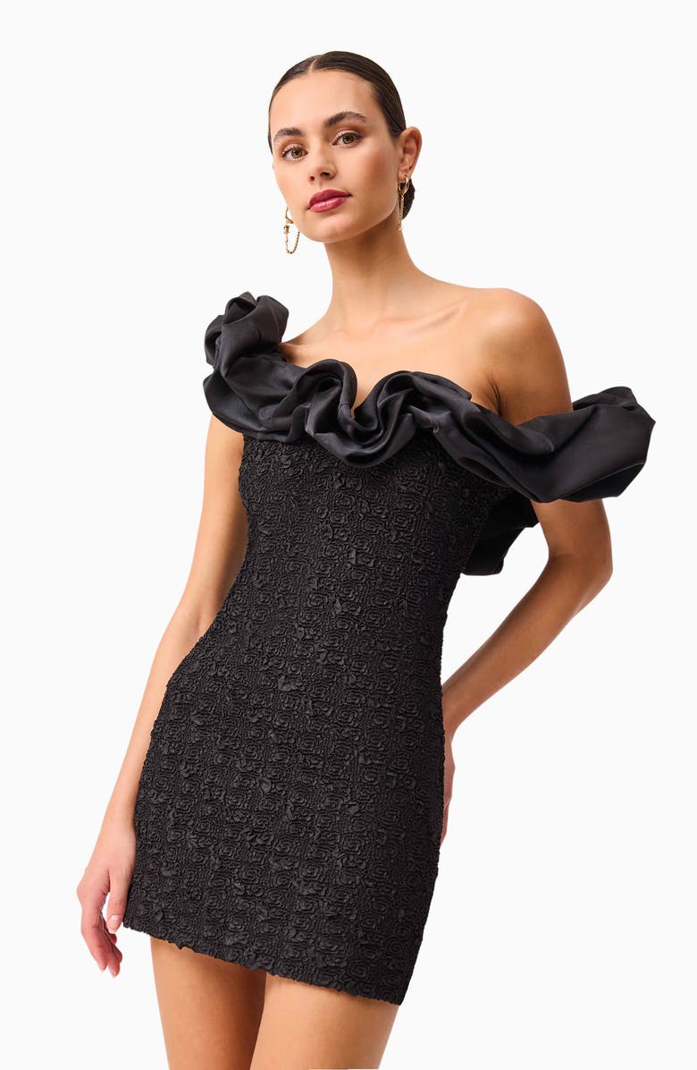 Elliatt Paloma Satin Ruffle & Floral Jacquard Cocktail Minidress, Alternate, color, Black