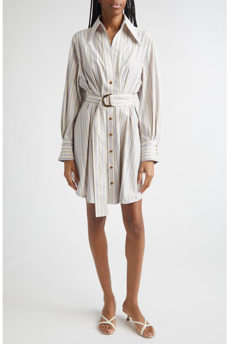 Stripe Tuck Long Sleeve Mini Shirtdress, Main, color, BLUE/ GREEN STRIPE