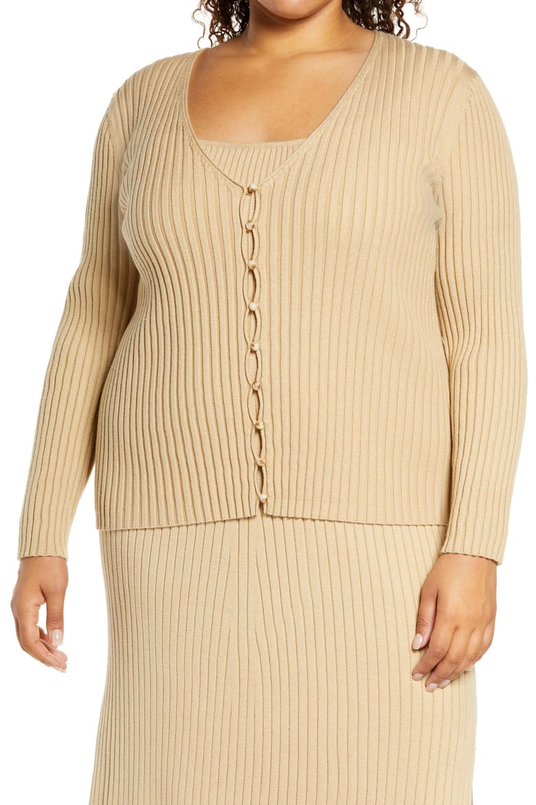 Frenchie Rib V-Neck Cardigan, Main, color, KHAKI
