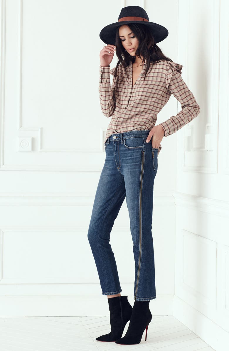 PAIGE Jenelle Ruffle Plaid Shirt, Alternate, color, Champagne Multi