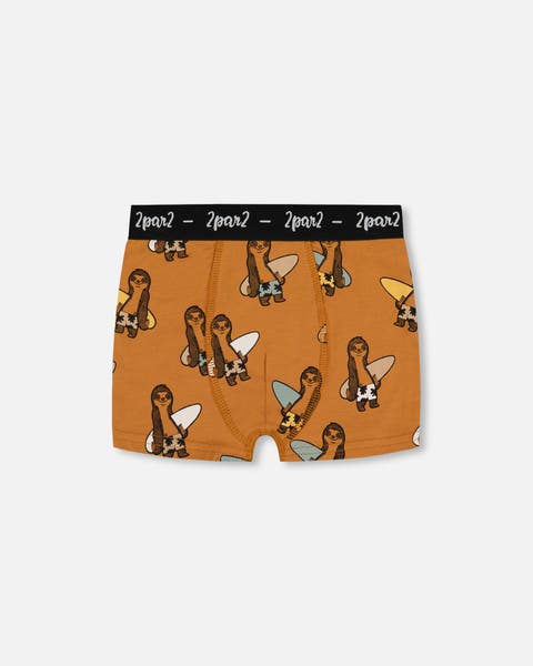 Boy's Printed Organic Cotton Boxer Shorts Sloths On Tan Background