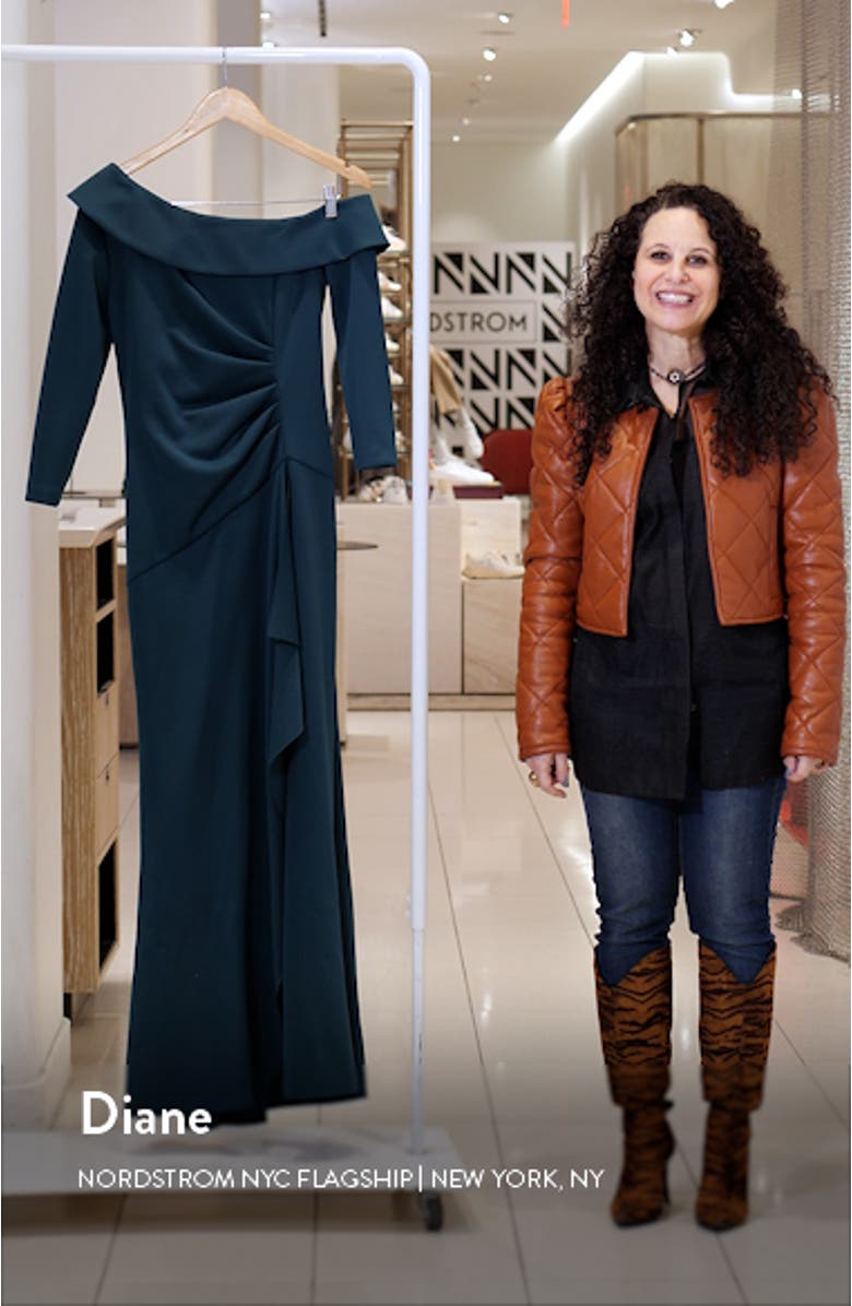 One-Shoulder Long Sleeve Scuba Crepe Gown, sales video thumbnail