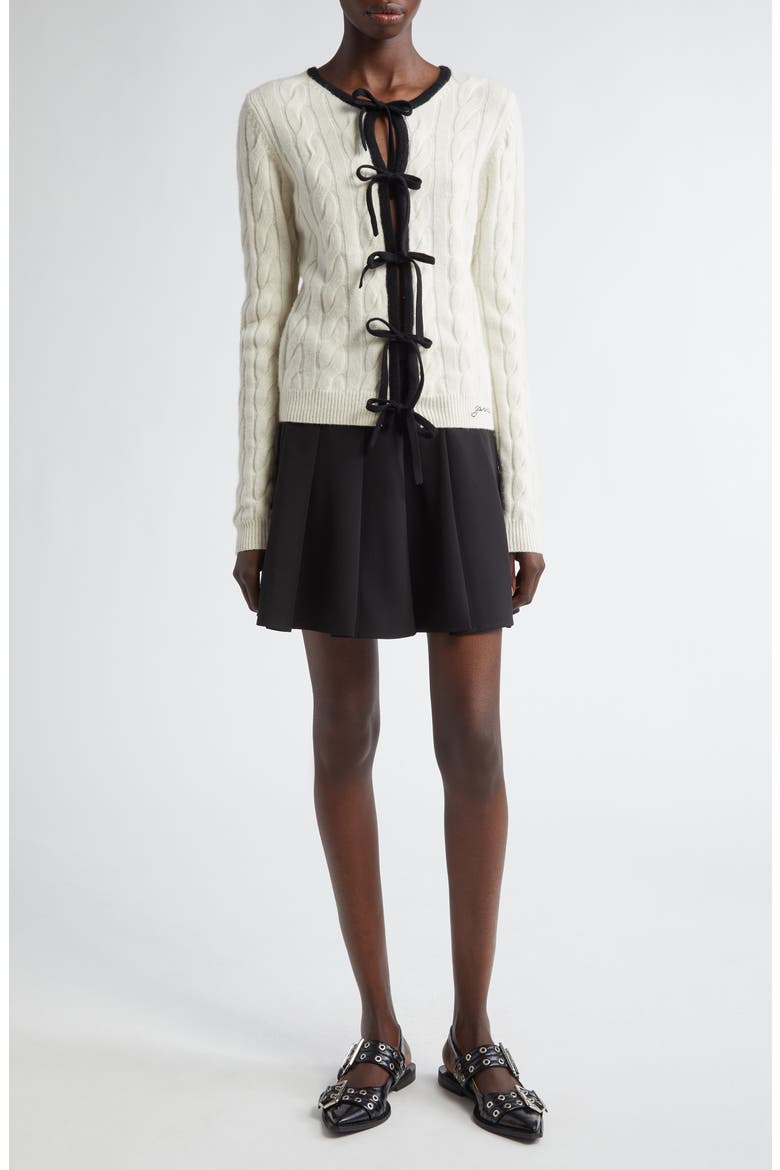 Tie Front Merino Wool & Cashmere Cable Sweater, Alternate, color, EGRET