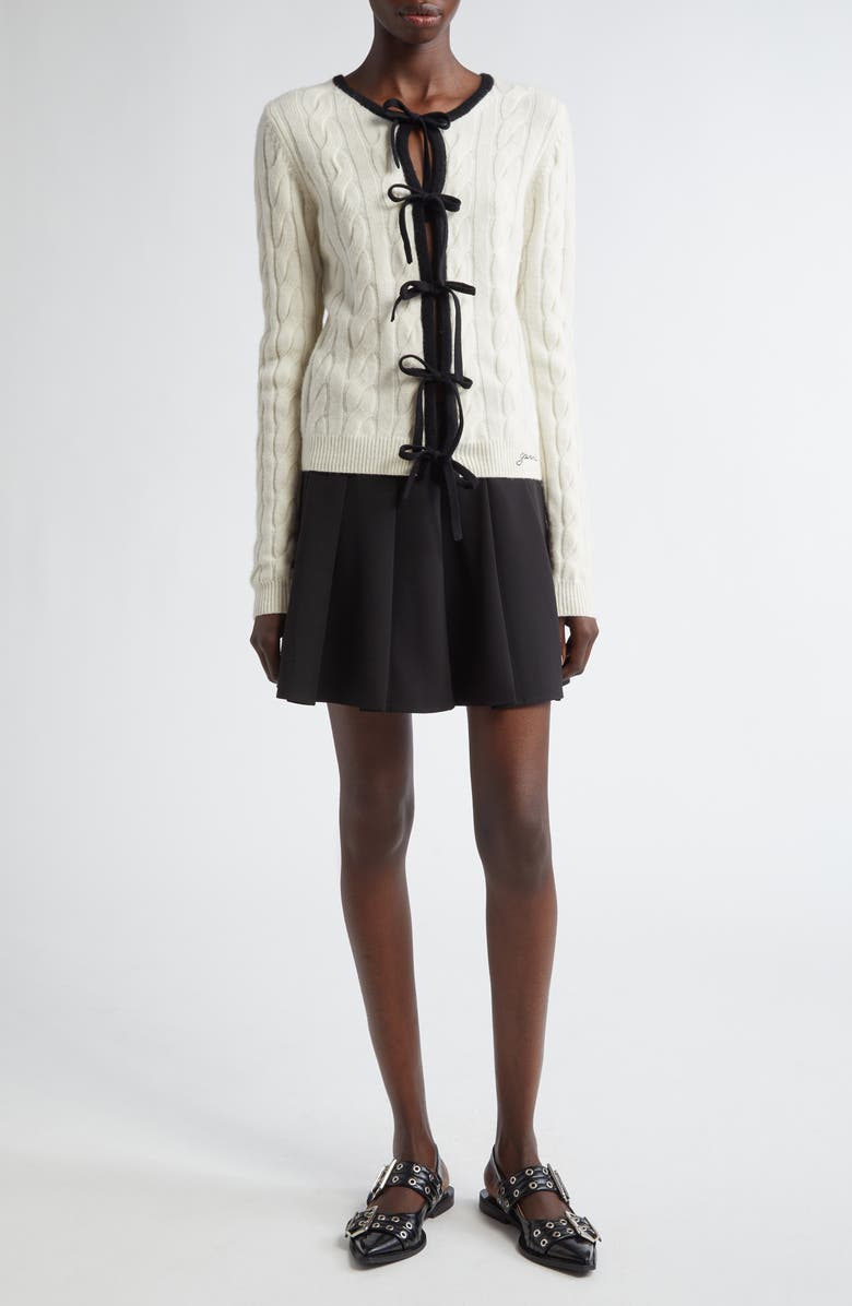 Ganni Tie Front Merino Wool & Cashmere Cable Sweater, Alternate, color, Egret