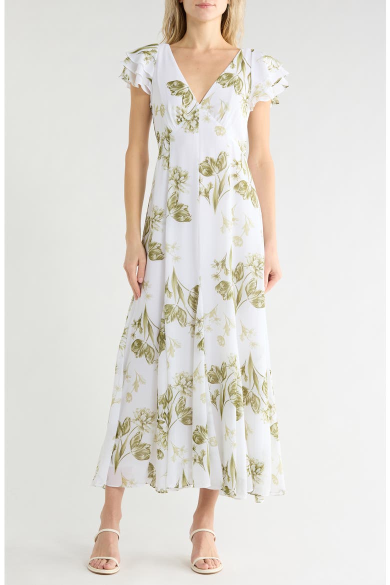 Flutter Sleeve Godet Dress, Main, color, GRASSHOPPER GREEN
