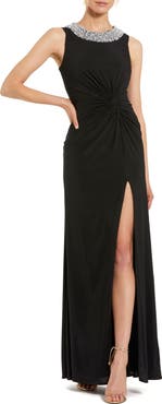 Mac Duggal Rhinestone Embellished High Neck Twist Waist Jersey Gown