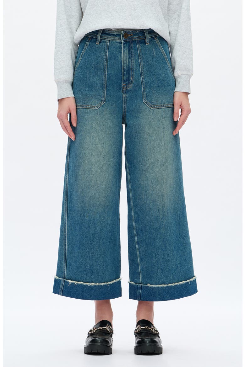 High Waist Cuffed Raw Hem Wide Leg Jeans, Main, color, VINTAGE MEDIUM BLUE