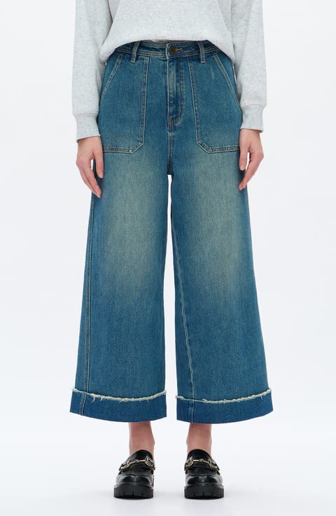 High Waist Cuffed Raw Hem Wide Leg Jeans