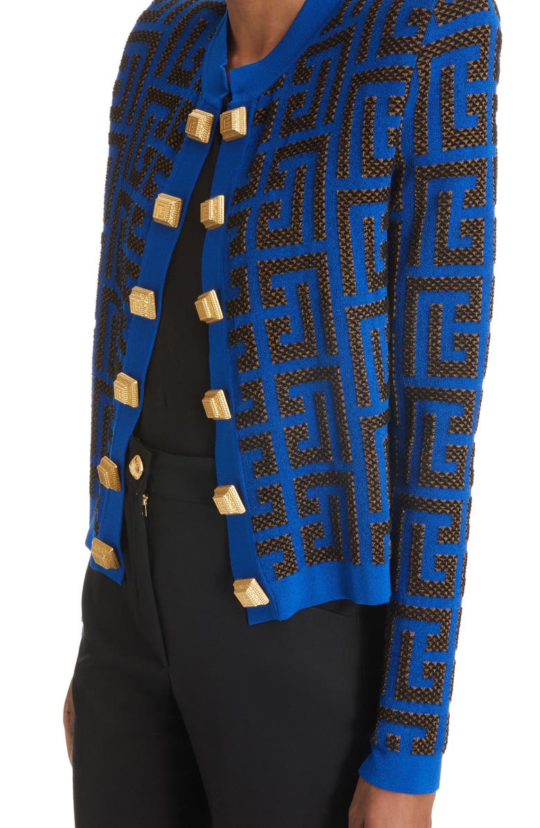 Balmain Pharaon Metallic Monogram Jacquard Sweater Jacket, Alternate, color,