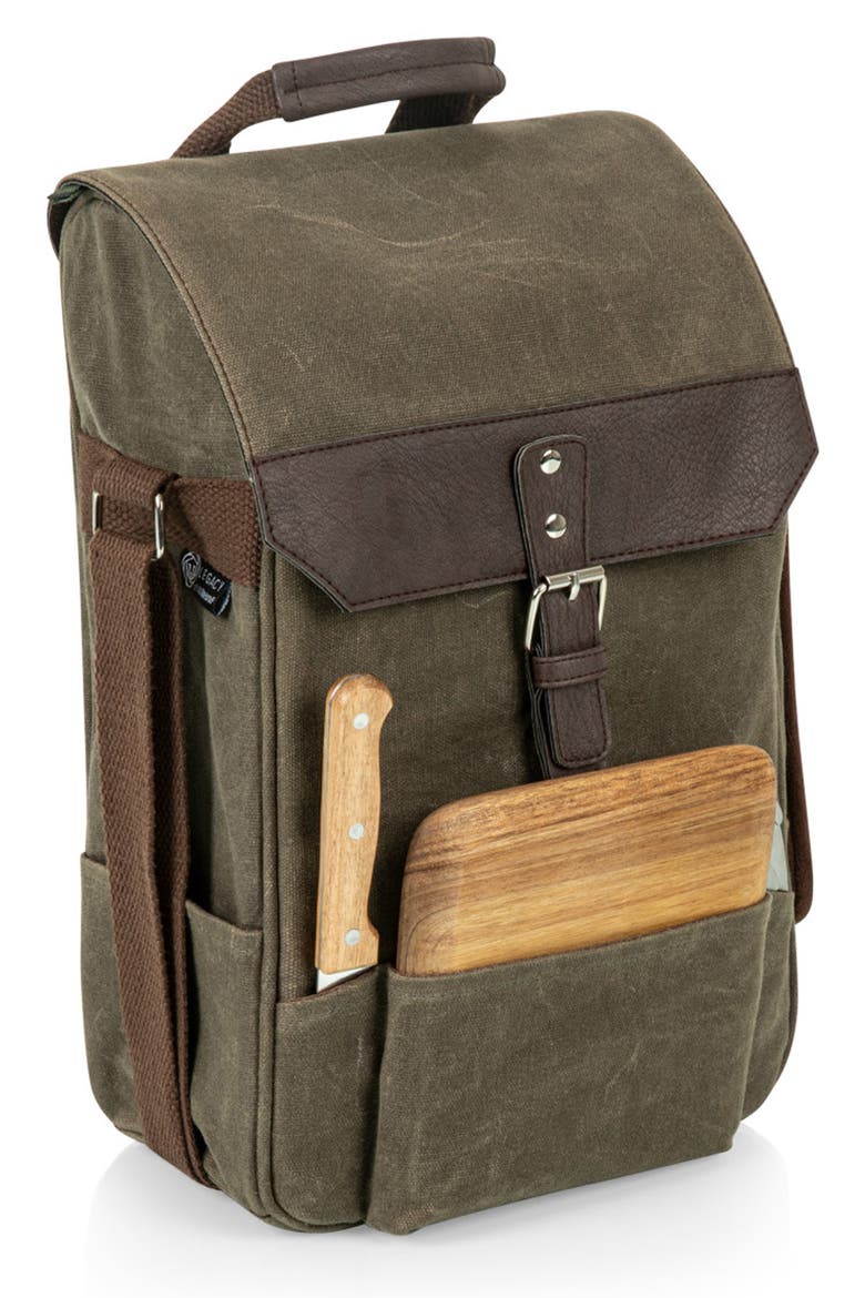 2 Bottle Insulated Wine & Cheese Cooler with Cheese Board, Knife & Corkscrew, Main, color, KHAKI GREEN