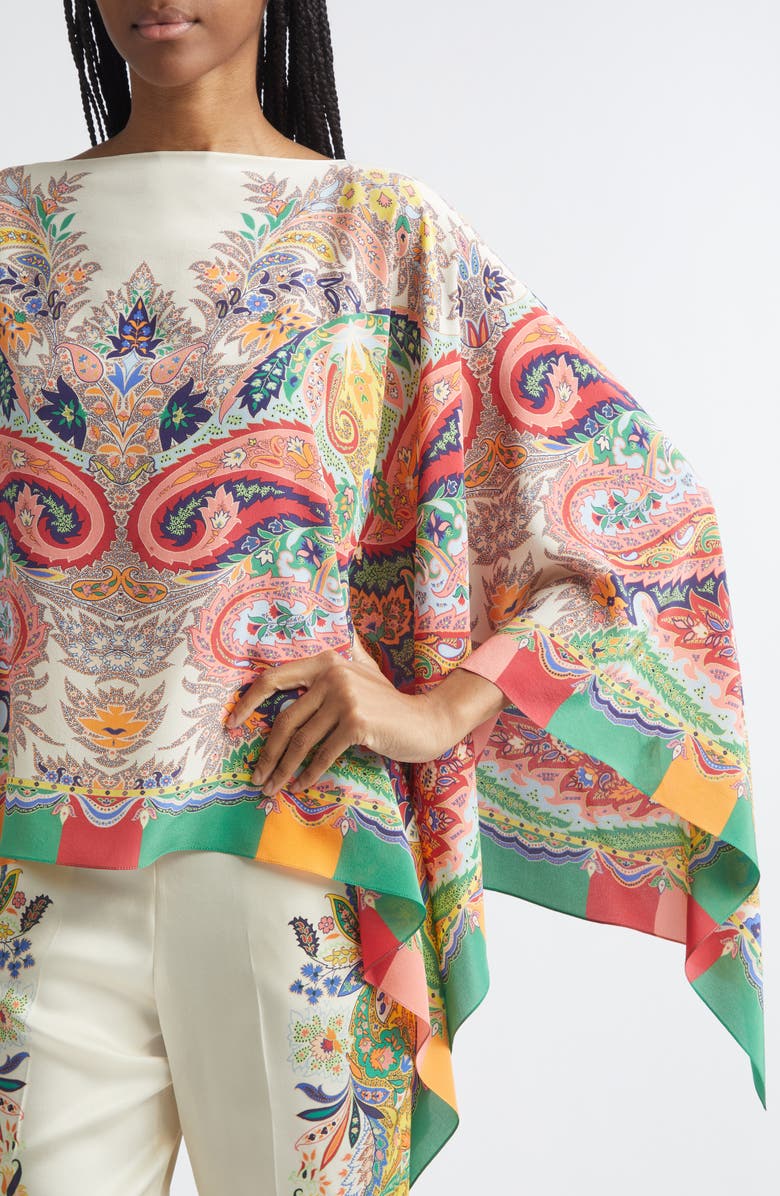 Etro Print Silk Chiffon Poncho, Alternate, color, Print On White Base