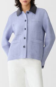 Lafayette 148 New York Linen Blend Canvas Jacket with Detachable Leather Collar