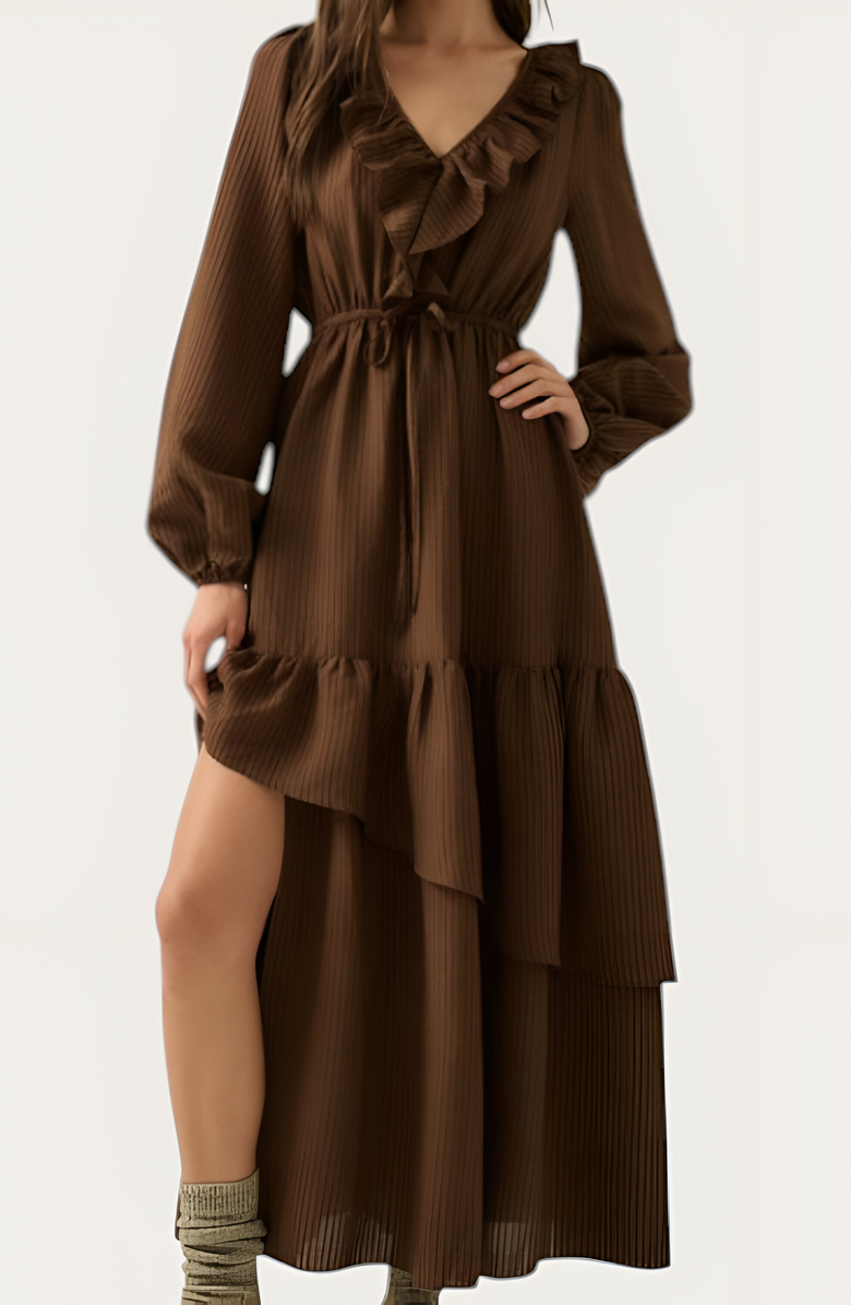 Modenaire Textured Stripe Maxi Dress with V-Neck Flounce Ruffle, Bubble Sleeves and Side Slit, Alternate, color,
