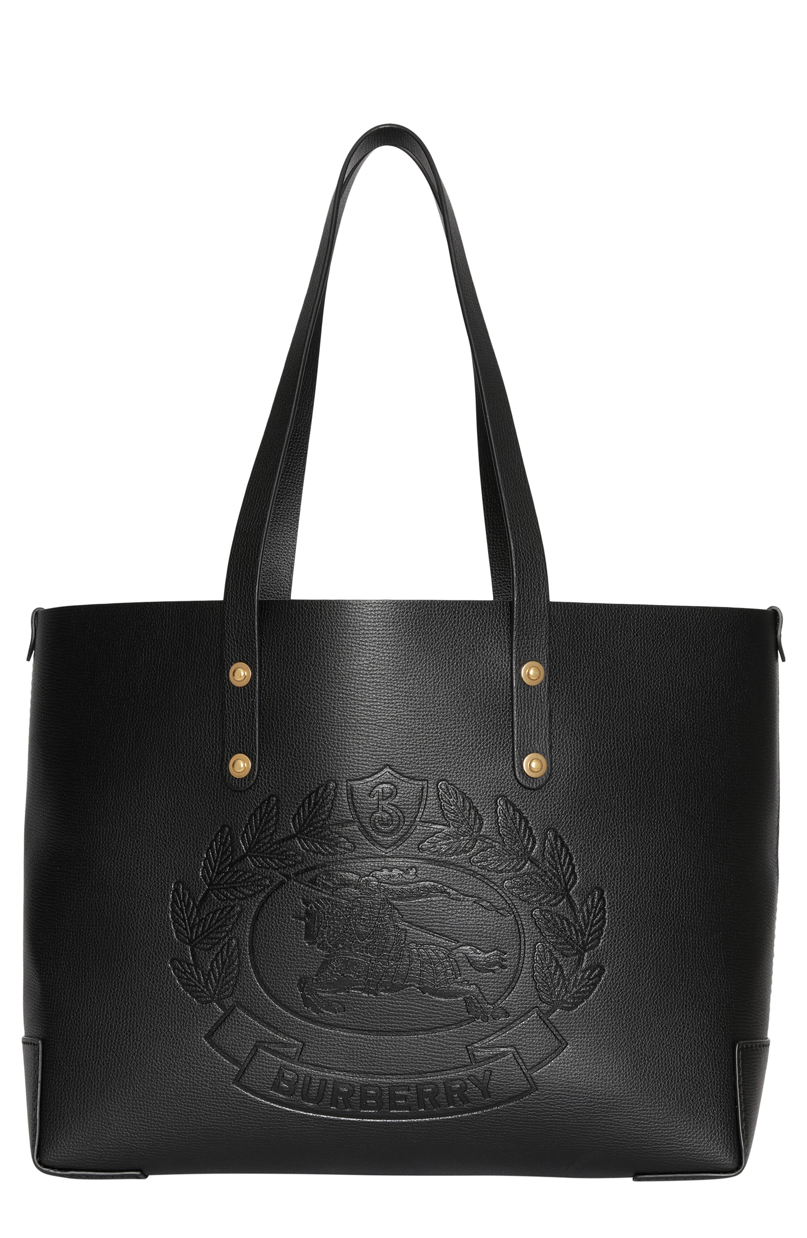 Embossed Crest Small Leather Tote, Main, color, BLACK