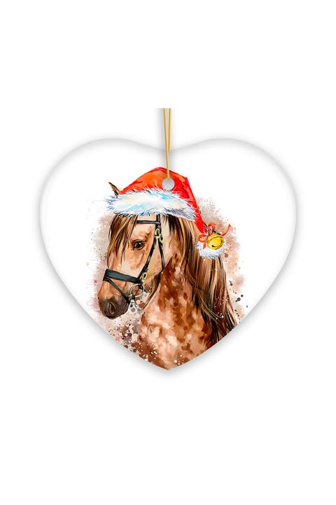 Watercolor Horse In Santa Hat Heart Ceramic Ornament