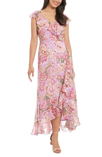 London Times Floral Paisley Ruffle Faux Wrap Maxi Dress