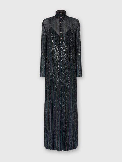 Long Button-down Dress With Lamé Stripes And Long Sleeves