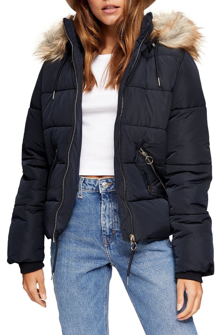 Frieda Faux Fur Trim Jacket, Main, color, NAVY BLUE