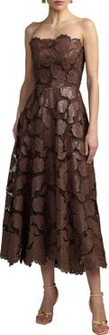 Mac Duggal Strapless Floral Leather A-Line Midi Dress