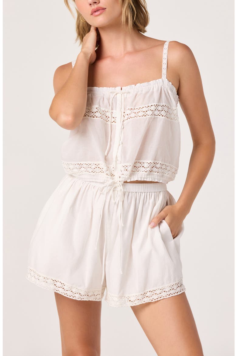 Abrielle Lace Hem Cotton Drawstring Shorts, Alternate, color, OFF WHITE