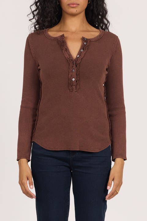 Edie Long Sleeve Placket Button Front Rib T-Shirt