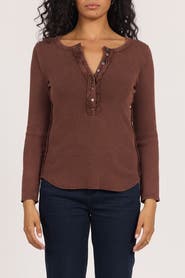 Dear John Edie Long Sleeve Placket Button Front Rib T-Shirt