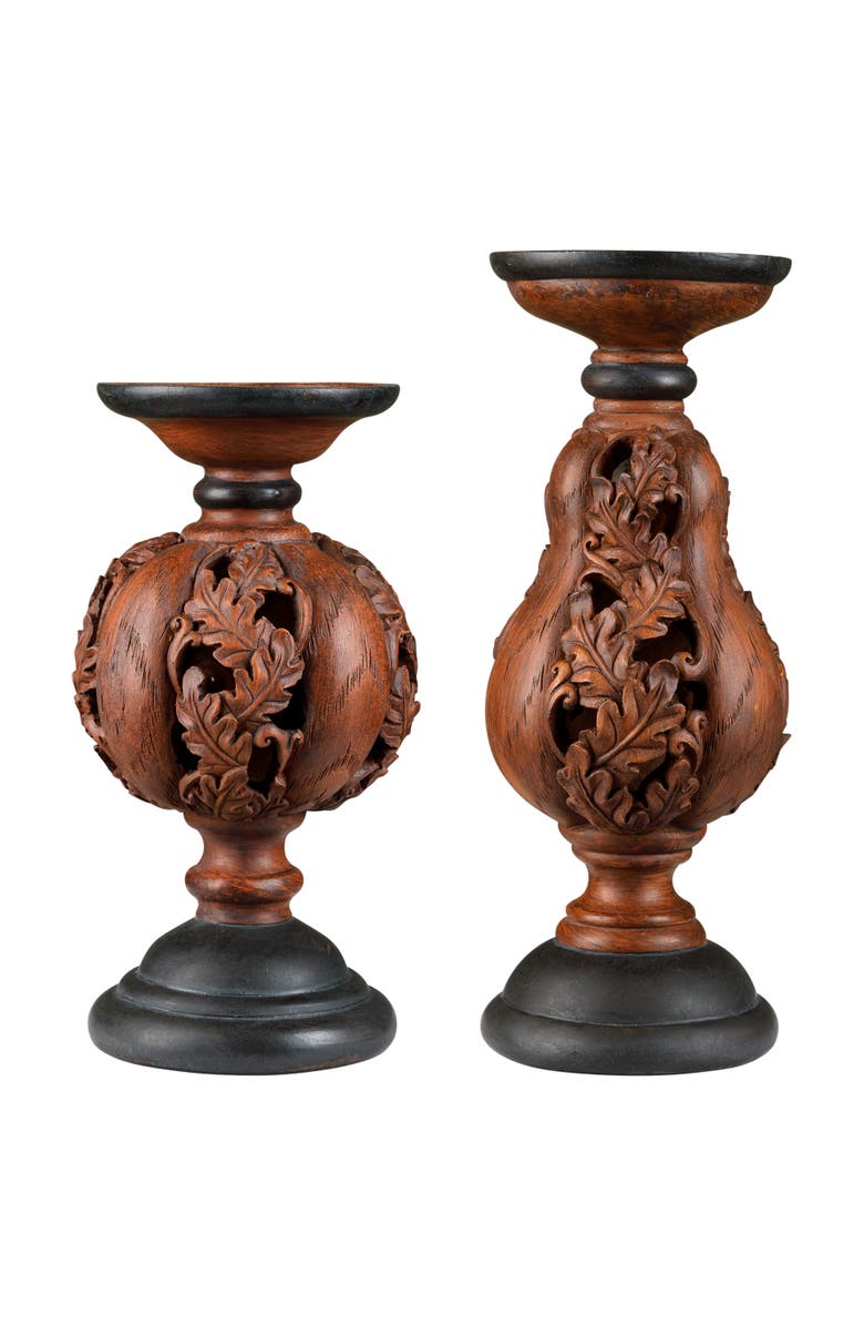 Melrose Carved Leaf Fall Harvest Pumpkin and Squash Pillar Candle Holders - 10" - Set of 2, Main, color, Brown