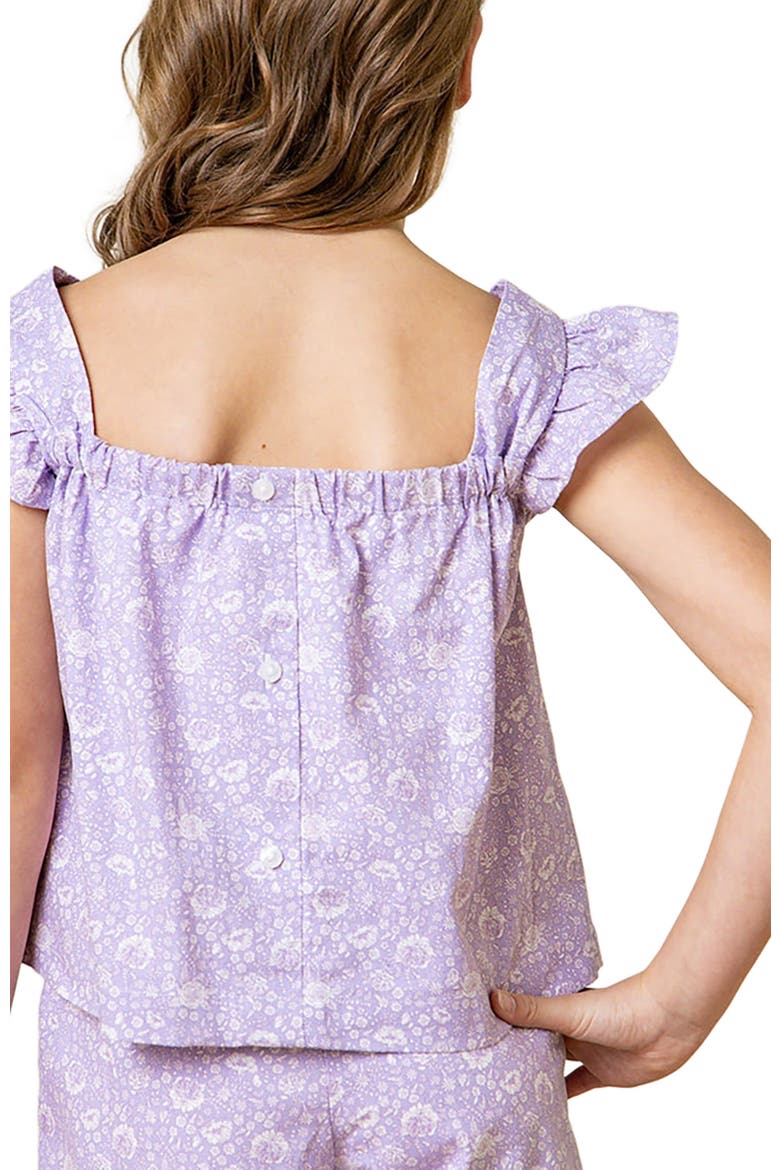 Girls' Flutter Sleeve Faux Top Pull-On Linen Romper, Toddler, Alternate, color, Lavender Fields Floral