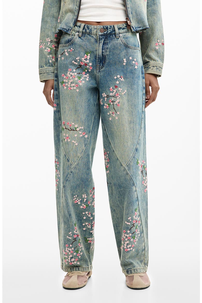 Floral Embroidery Straight Leg Jeans, Main, color, MEDIUM BLUE