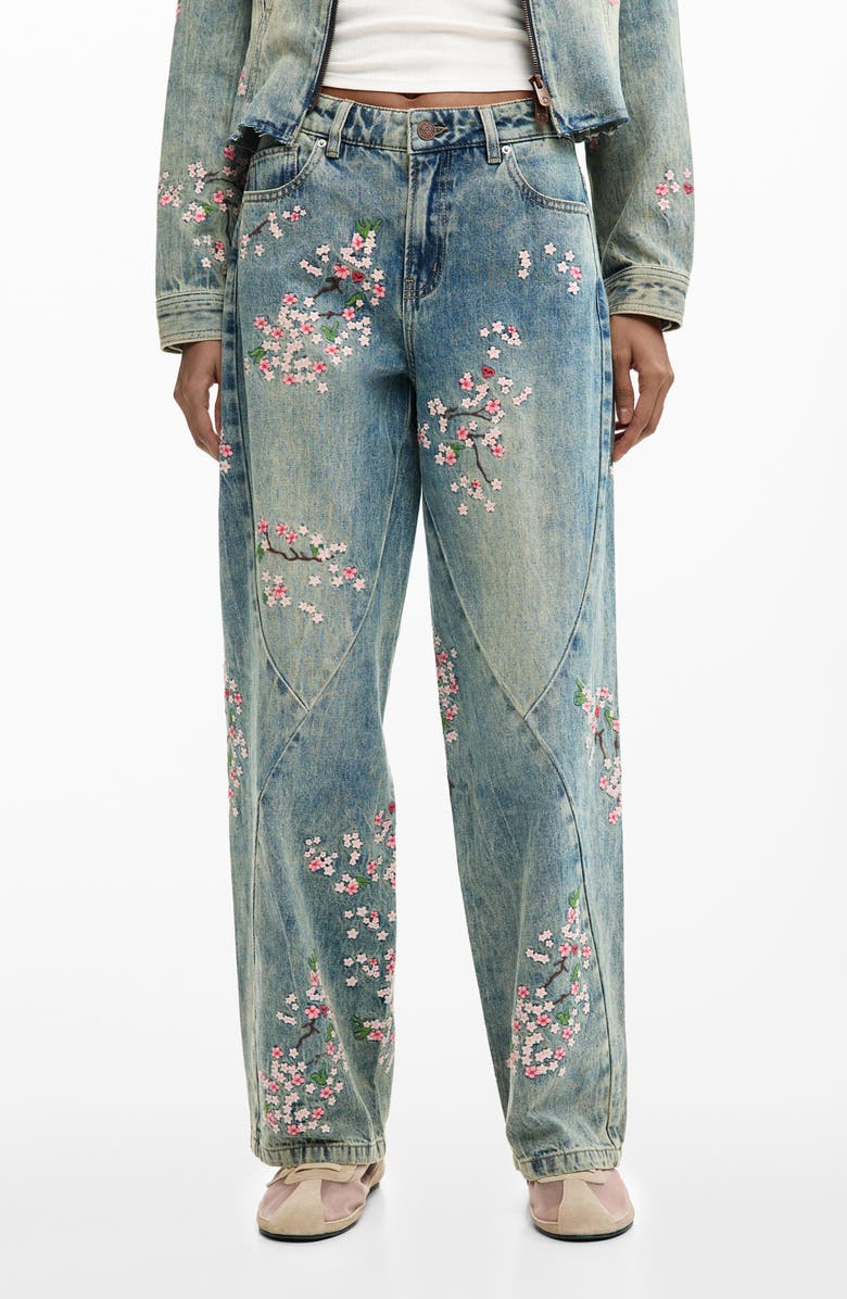 Desigual Floral Embroidery Straight Leg Jeans, Main, color, Medium Blue