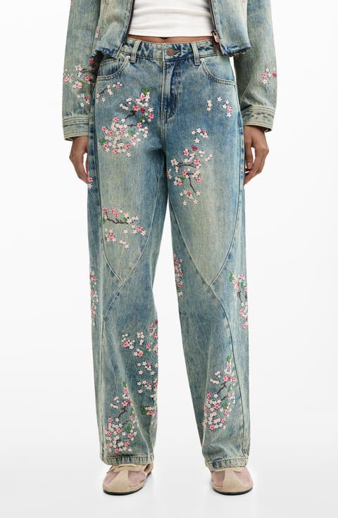 Floral Embroidery Straight Leg Jeans
