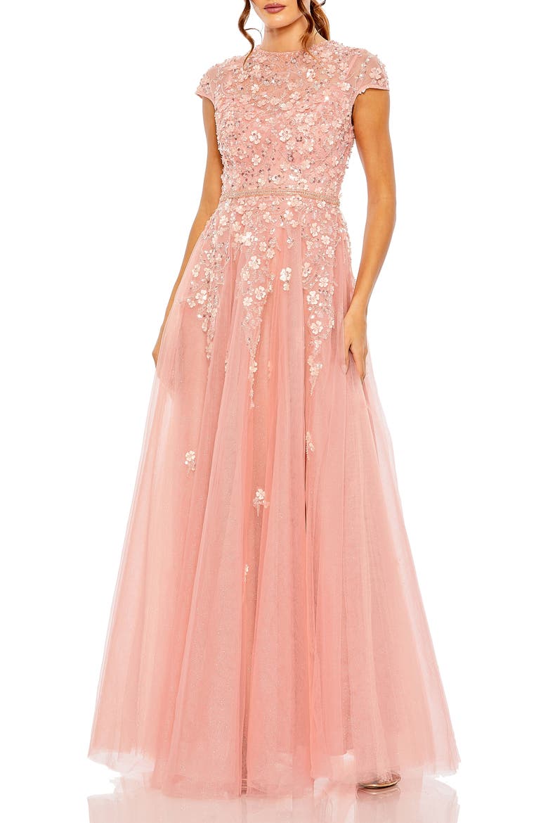 Floral Embellished High Neck Cap Sleeve A Line Gown, Main, color, Rose