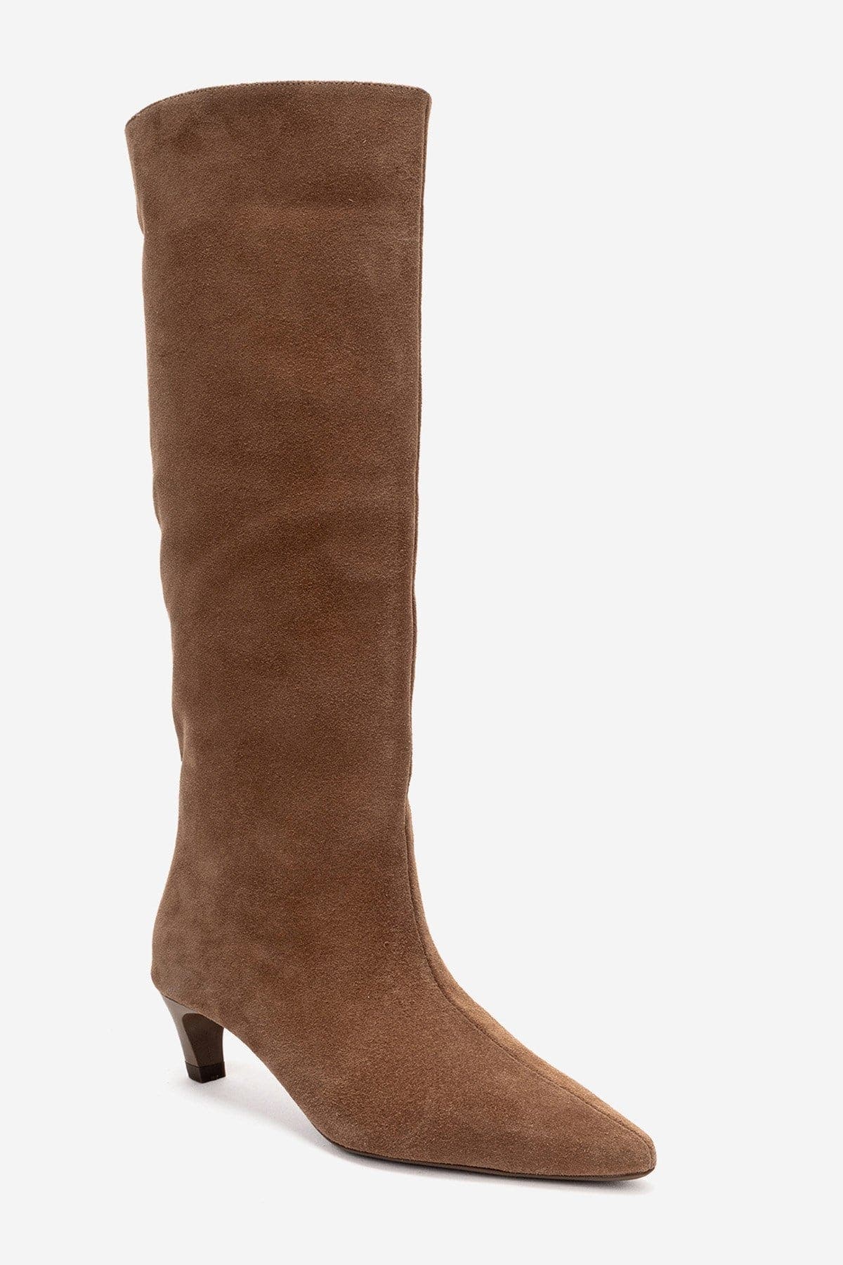 Corvel Leather Kitten Heel Knee High Boot, Main, color, Cognac Suede