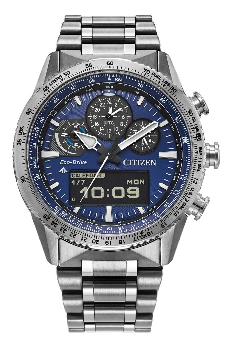 Promaster Skyhawk Eco-Drive Chronograph Bracelet Watch, 43mm, Main, color, SILVER-TONE/BLUE