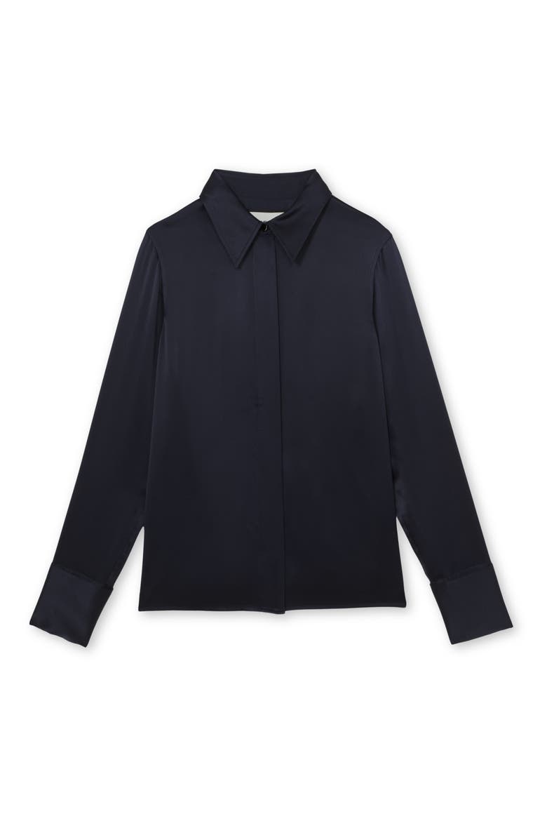 Ameira Silk Satin Button-Up Shirt, Alternate, color, NAVY