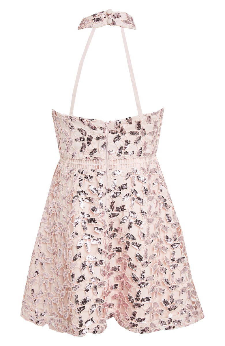 Bardot Junior Gemma Sequin Lace Halter Dress, Alternate, color, 