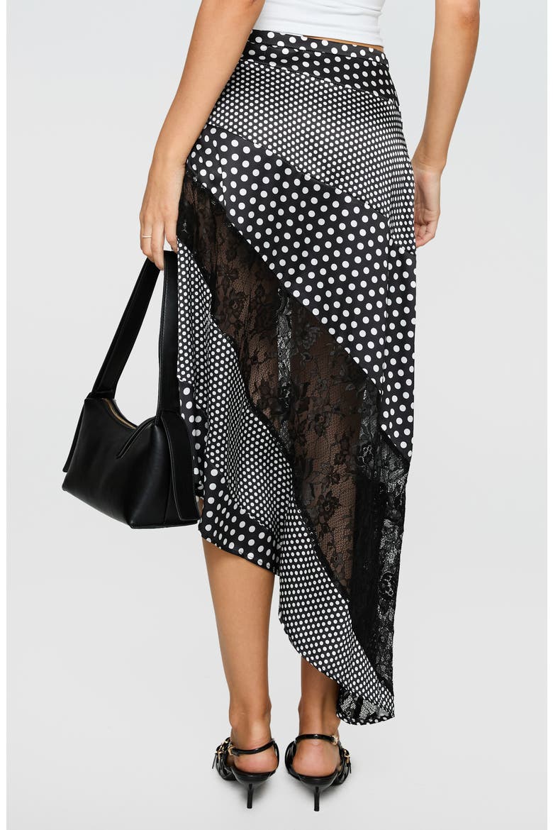 Midnight Memories Mixed Polka Dot & Lace Asymmetric Midi Skirt, Alternate, color, BLACK MULTI