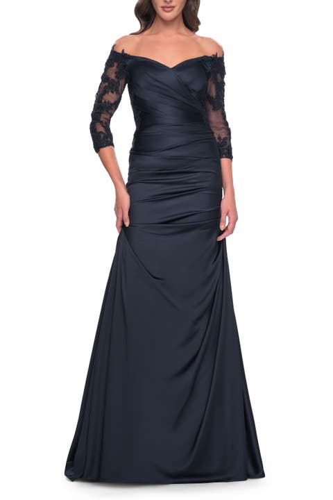 Mermaid Satin Dress with Gathering and Off the Shoulder Top