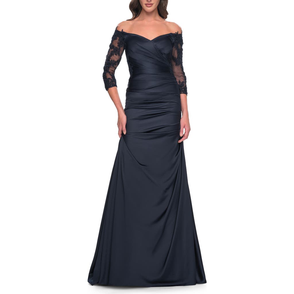 La Femme Mermaid Satin Dress With Gathering And Off The Shoulder Top In Navy