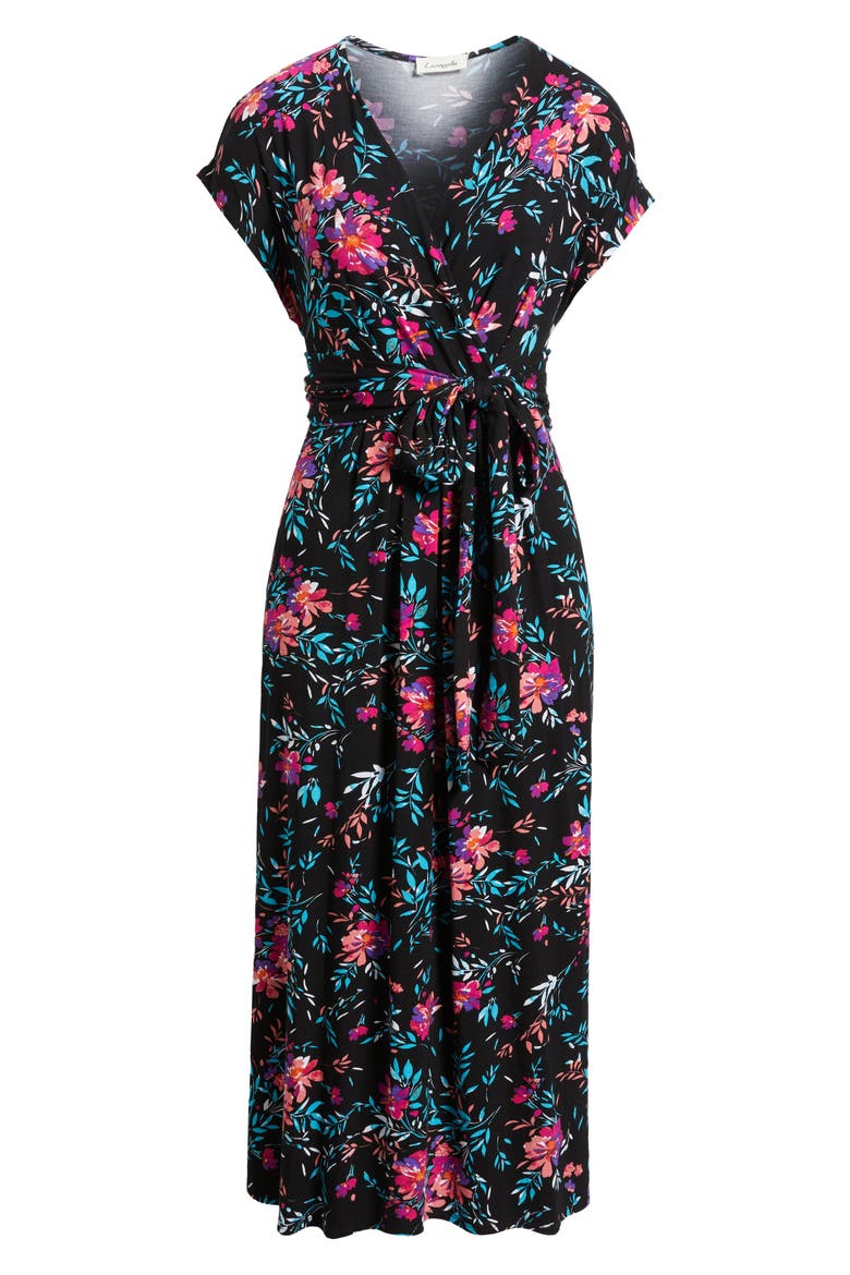 Floral Print Faux Wrap Midi Dress, Alternate, color, BLACK/ FUCHSIA