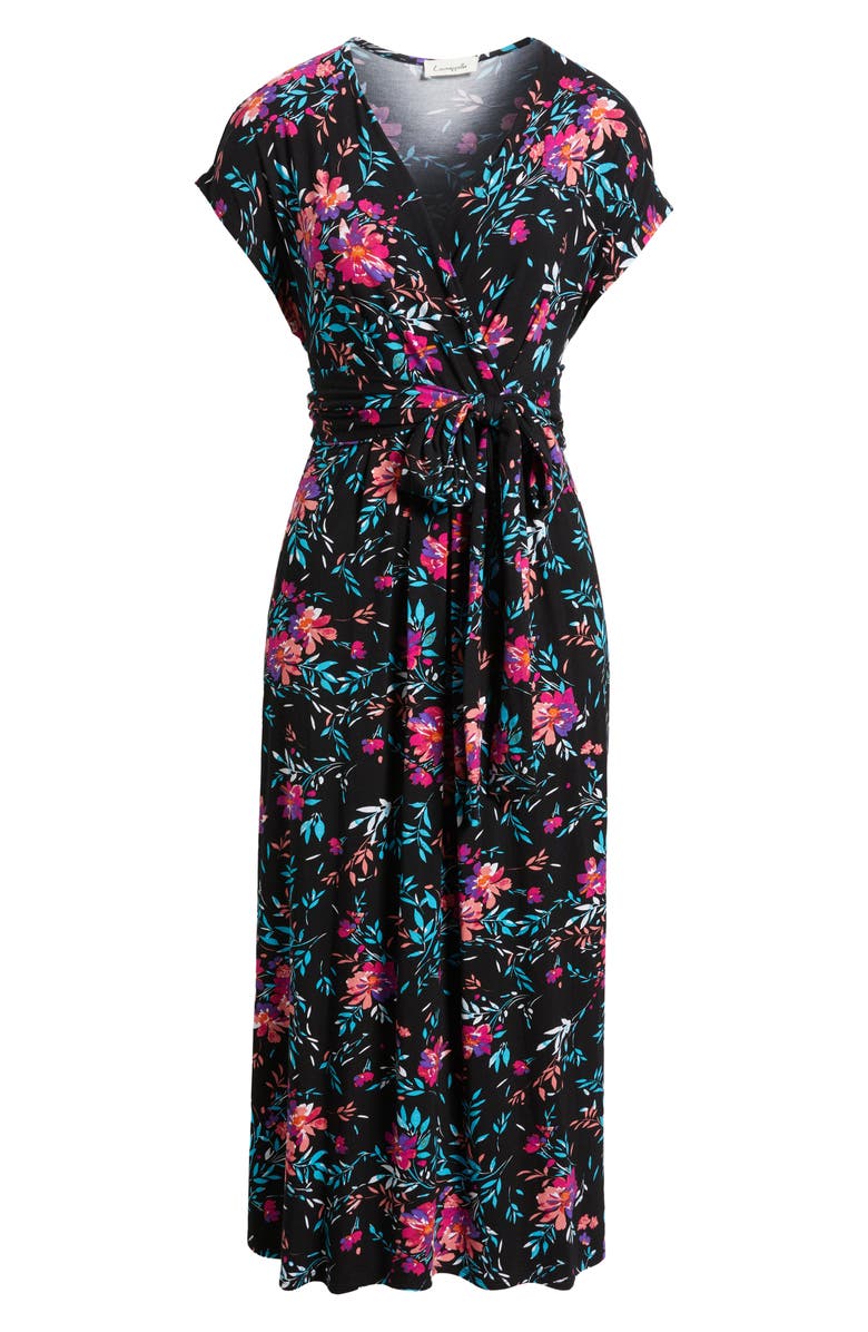 Loveappella Floral Print Faux Wrap Midi Dress, Alternate, color, Black/ Fuchsia