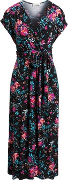 Loveappella Floral Print Faux Wrap Midi Dress