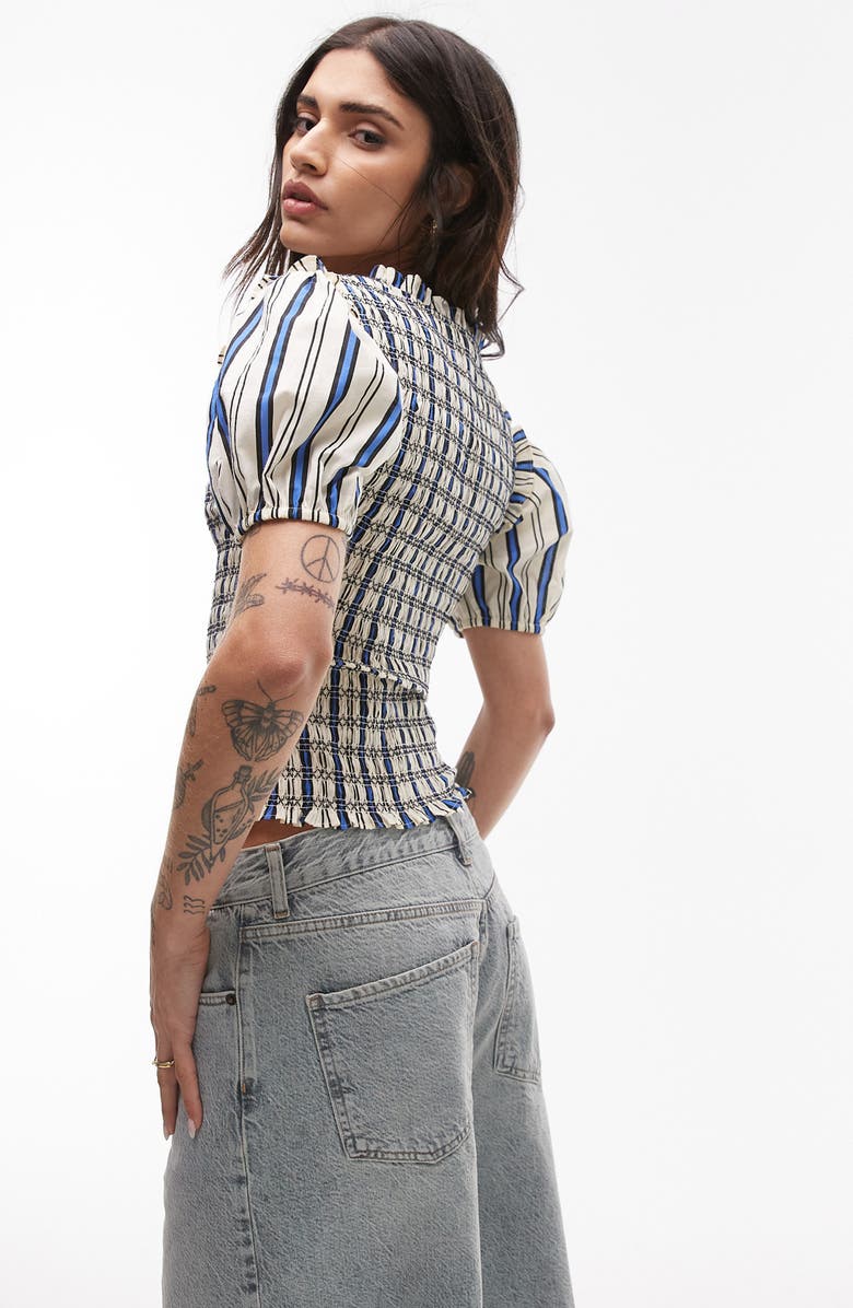 Topshop Shirred Puff Sleeve Crop Top, Alternate, color, Ivory Multi