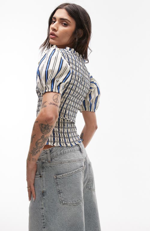 Topshop Shirred Puff Sleeve Crop Top In Multi