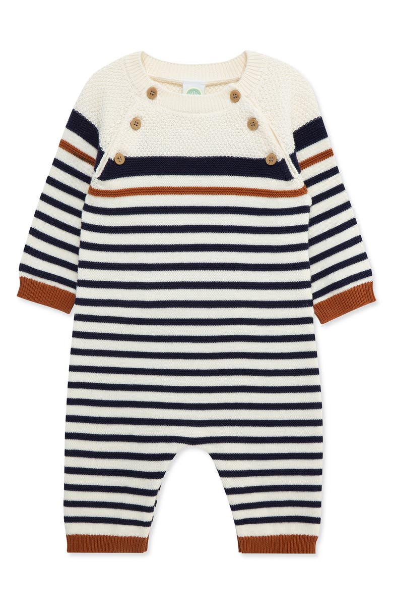 Little Me Block Stripe Cotton Knit Romper, Main, color, Navy/ White